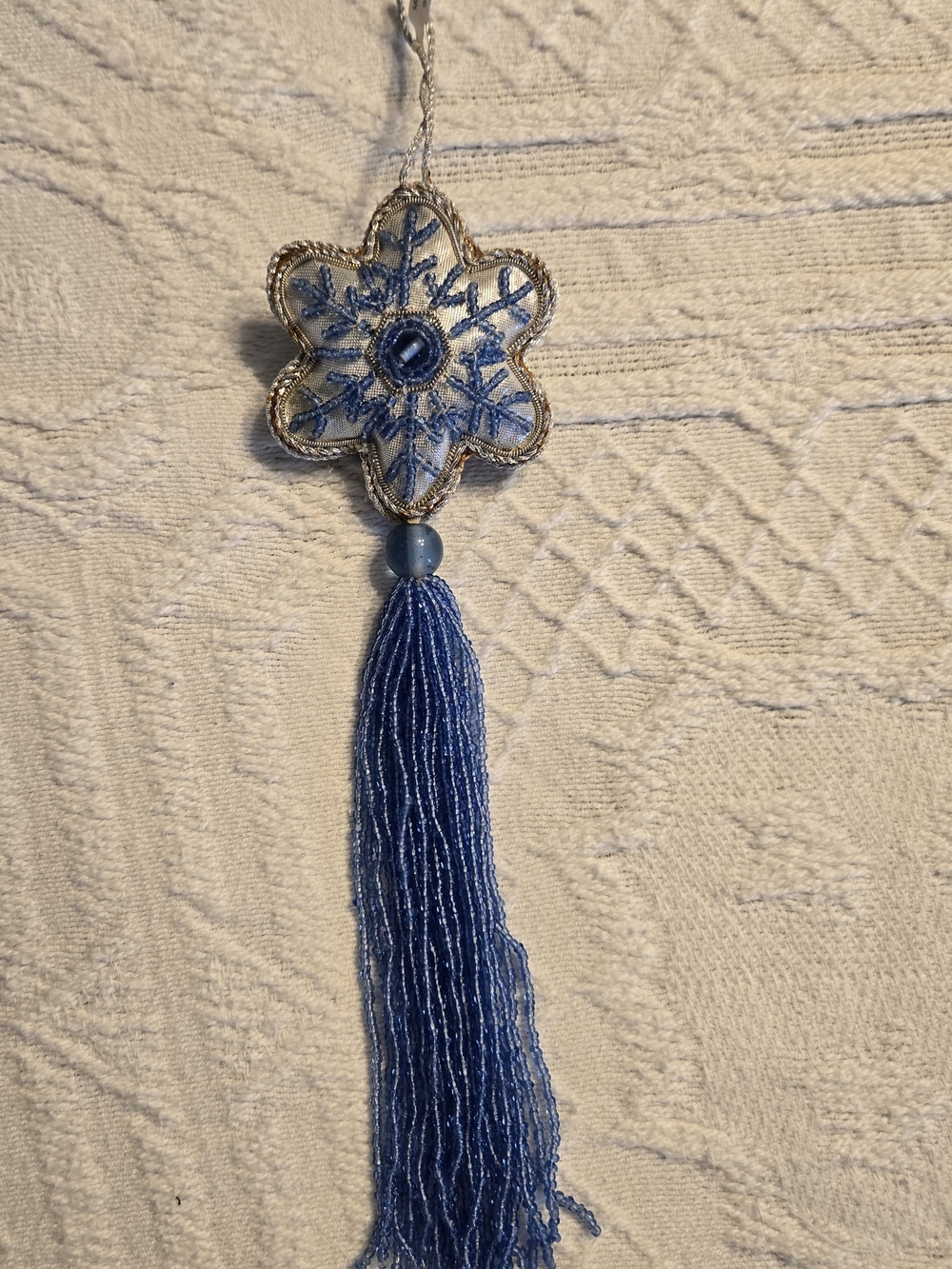 Blue Embroidered Flower Tassel Beaded Ornament